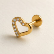 Titanium Flat Back Earrings – Gold Open Heart Zircon Stud - back and hardware detail