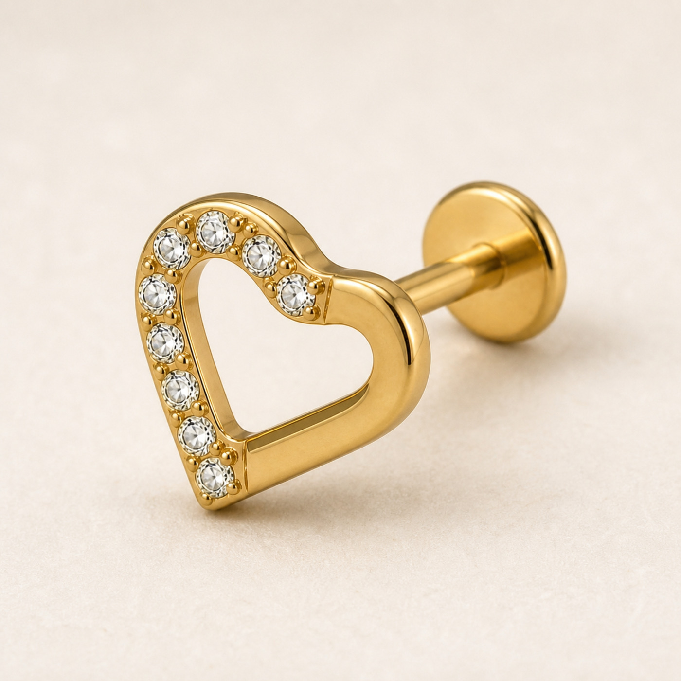 Titanium Flat Back Earrings – Gold Open Heart Zircon Stud - product view
