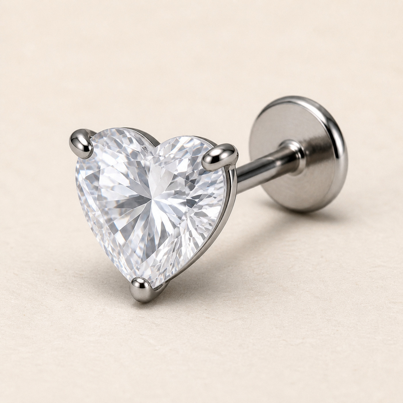 Titanium Flat Back Earrings – Clear Zircon Heart Stud - product view