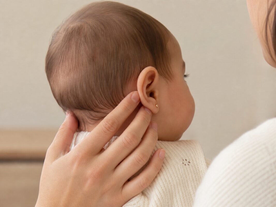 Parent gently checking a baby's healthy earlobe with one tiny round stud earring