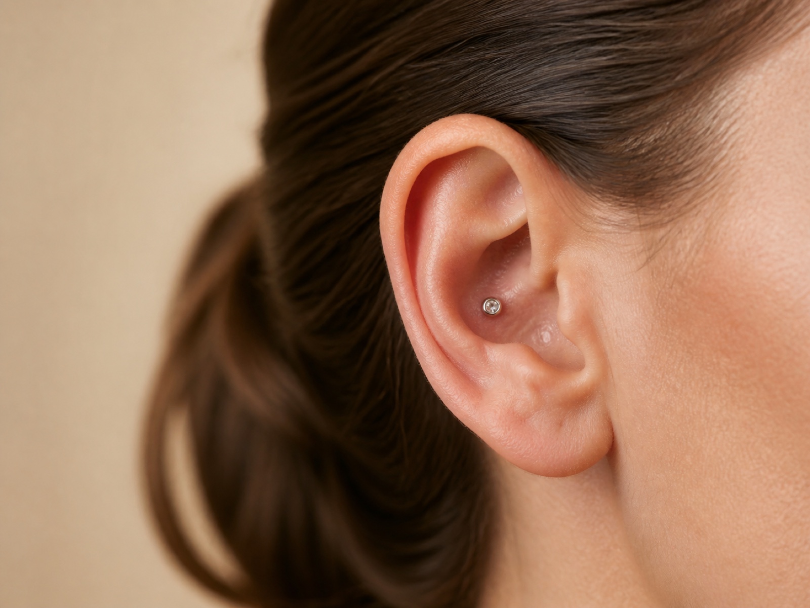 close-up of a healthy ear wearing a small titanium conch piercing stud