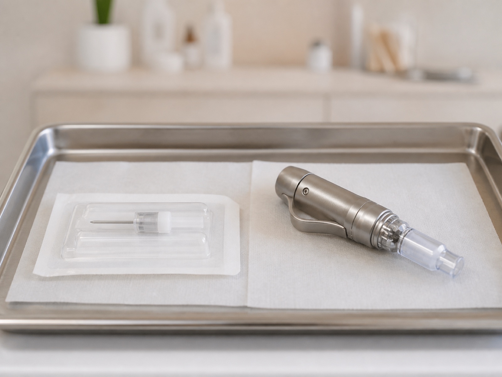 Sealed piercing needle package and single-use cartridge device arranged on a clean tray