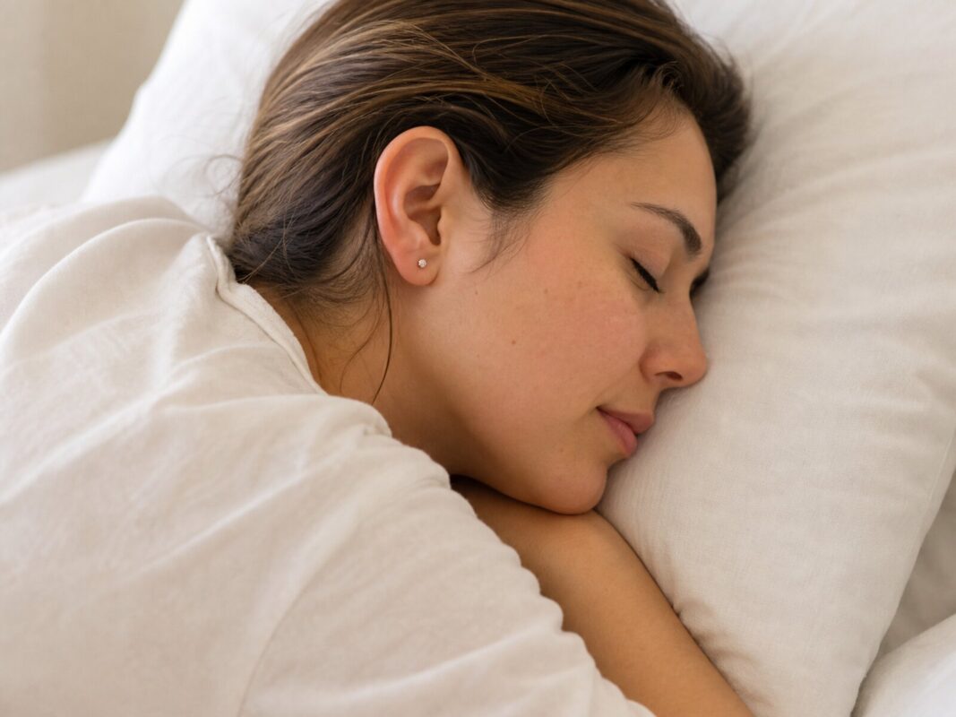 Adult side sleeper wearing one small low-profile stud in a fully healed earlobe