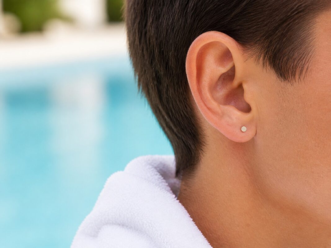 Dry adult ear wearing one small titanium stud beside a swimming pool
