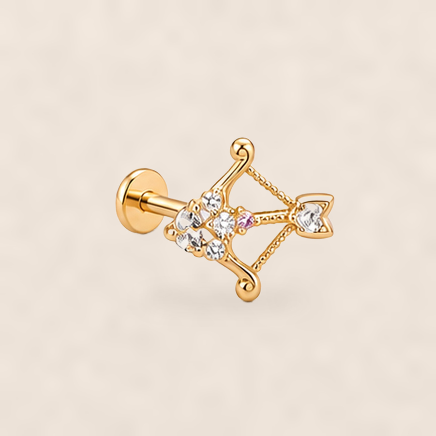 Titanium Stud Earrings Eros Crystal Arrow Bow for Sensitive Ears on warm ivory background