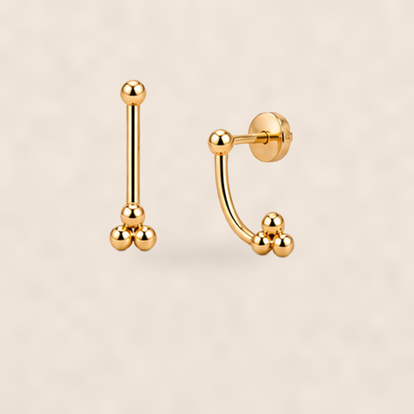 Stud Earrings Trinity Ball Ear Jacket with S925 Silver on warm ivory background