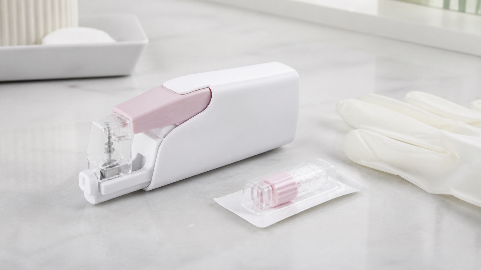 Modern cartridge ear-piercing device with a sealed disposable cartridge and clean gloves