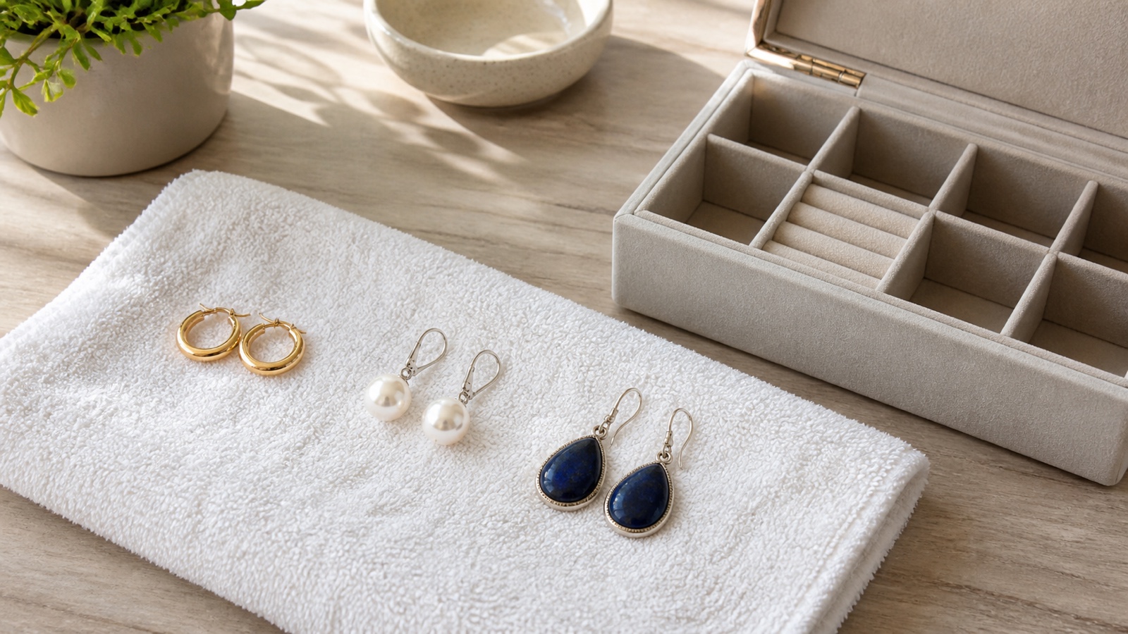 Separated earrings drying on a clean towel beside an open compartmented jewelry box