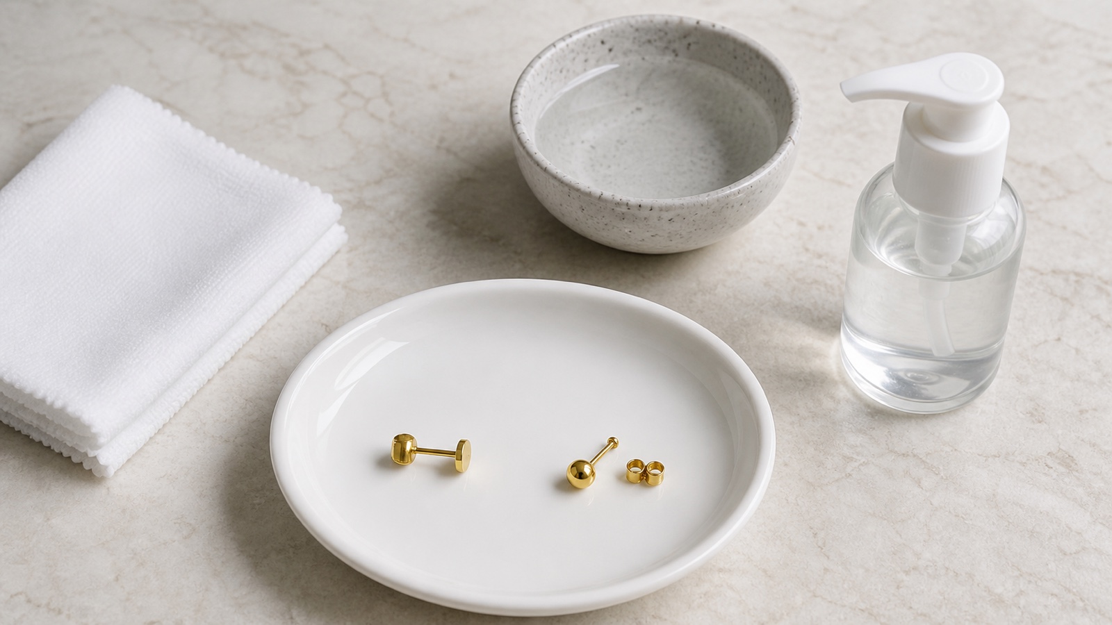 Flat-back and butterfly-back stud systems arranged on a clean dish with a lint-free cloth and plain water