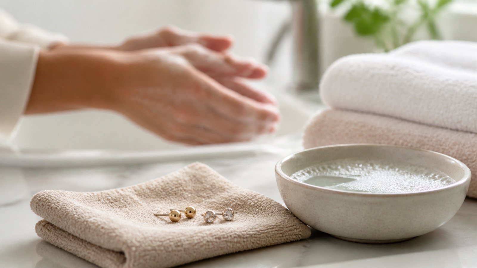 Clean hands, mild soapy water, soft towel, and small earrings prepared for gentle cleaning