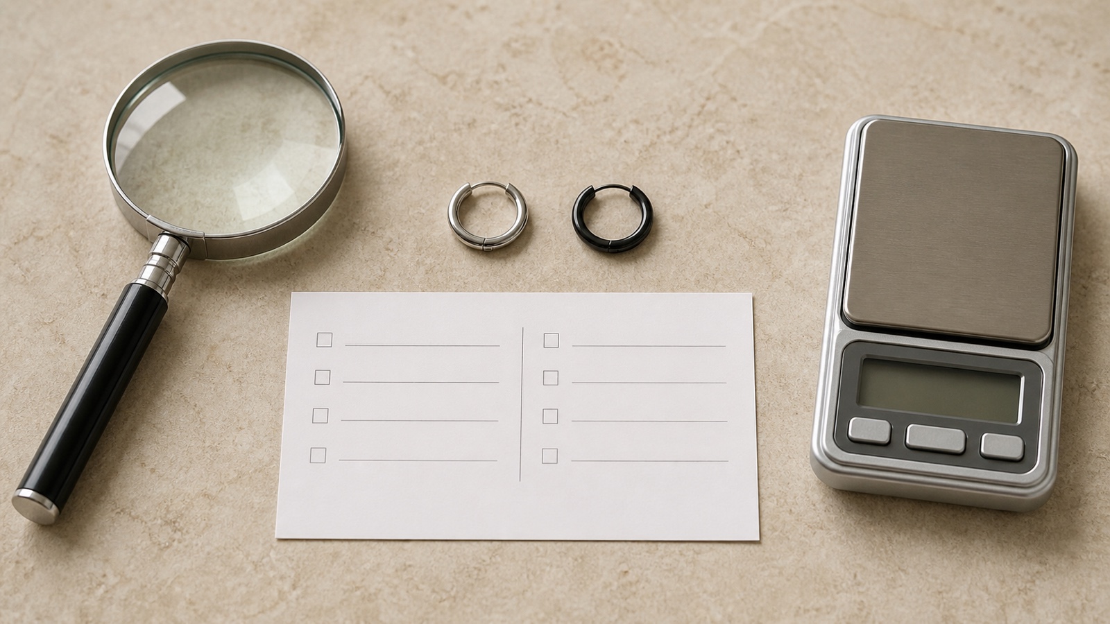 Unbranded jewelry specification card, magnifying glass, and two small earrings arranged for a material check