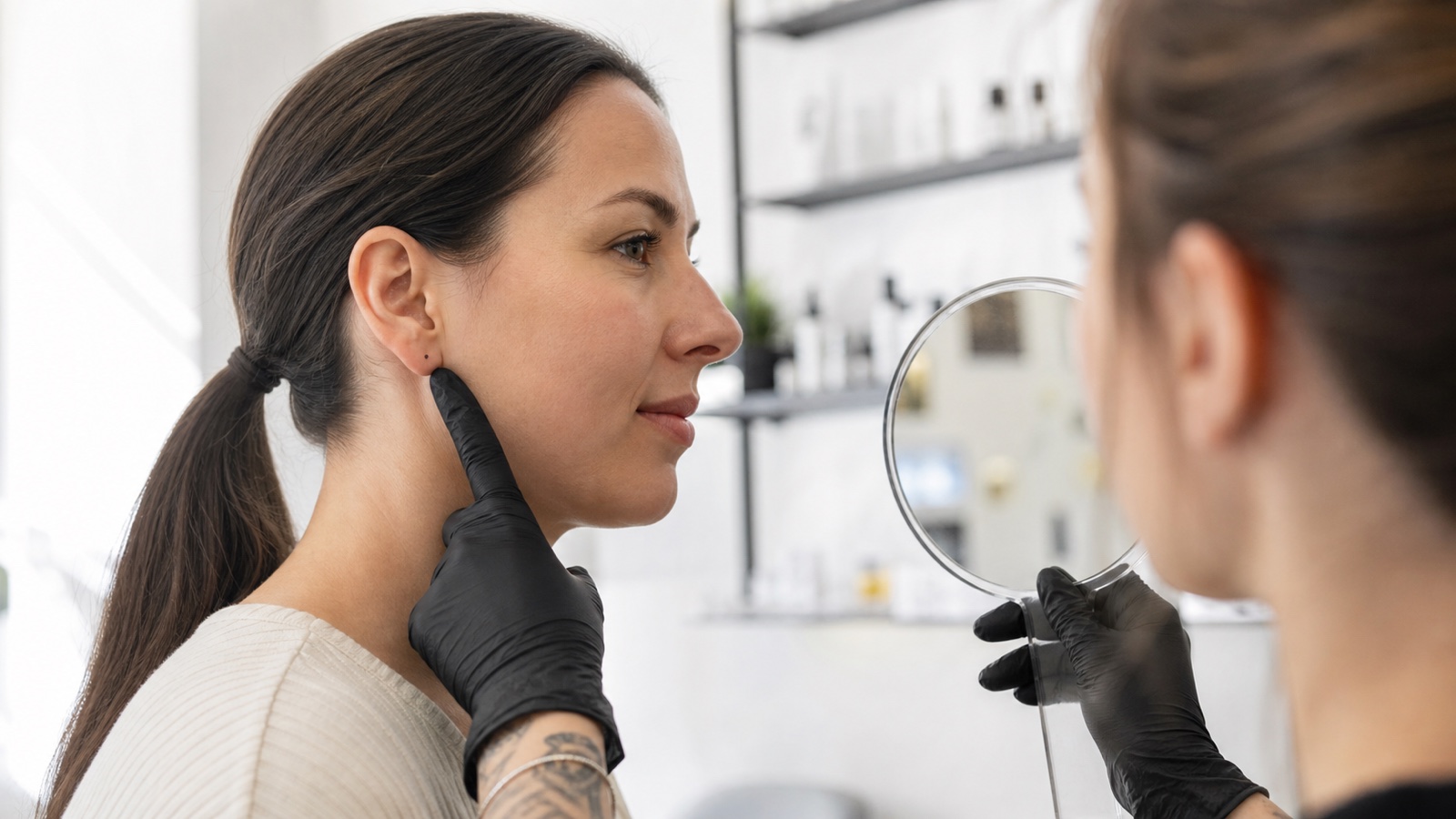 Adult client reviewing earlobe placement in a mirror with a gloved professional piercer