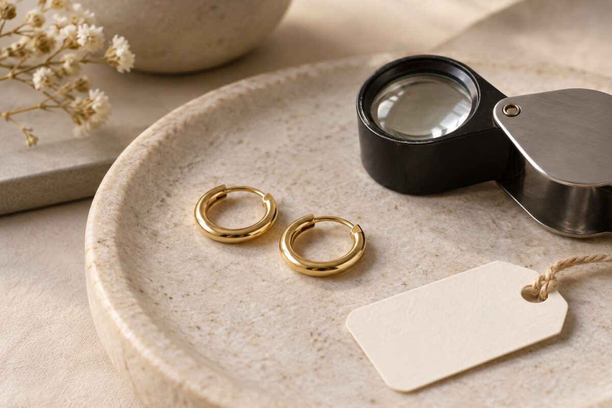 Gold-colored hoop earrings beside a loupe and blank tag on a stone tray.