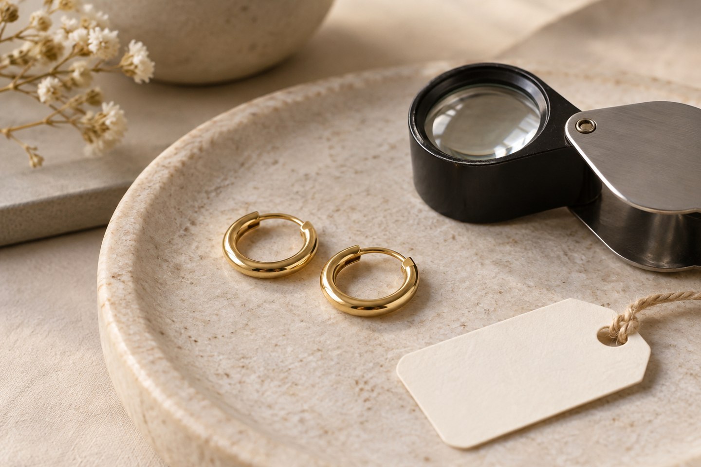 Gold-colored hoop earrings beside a loupe and blank tag on a stone tray.