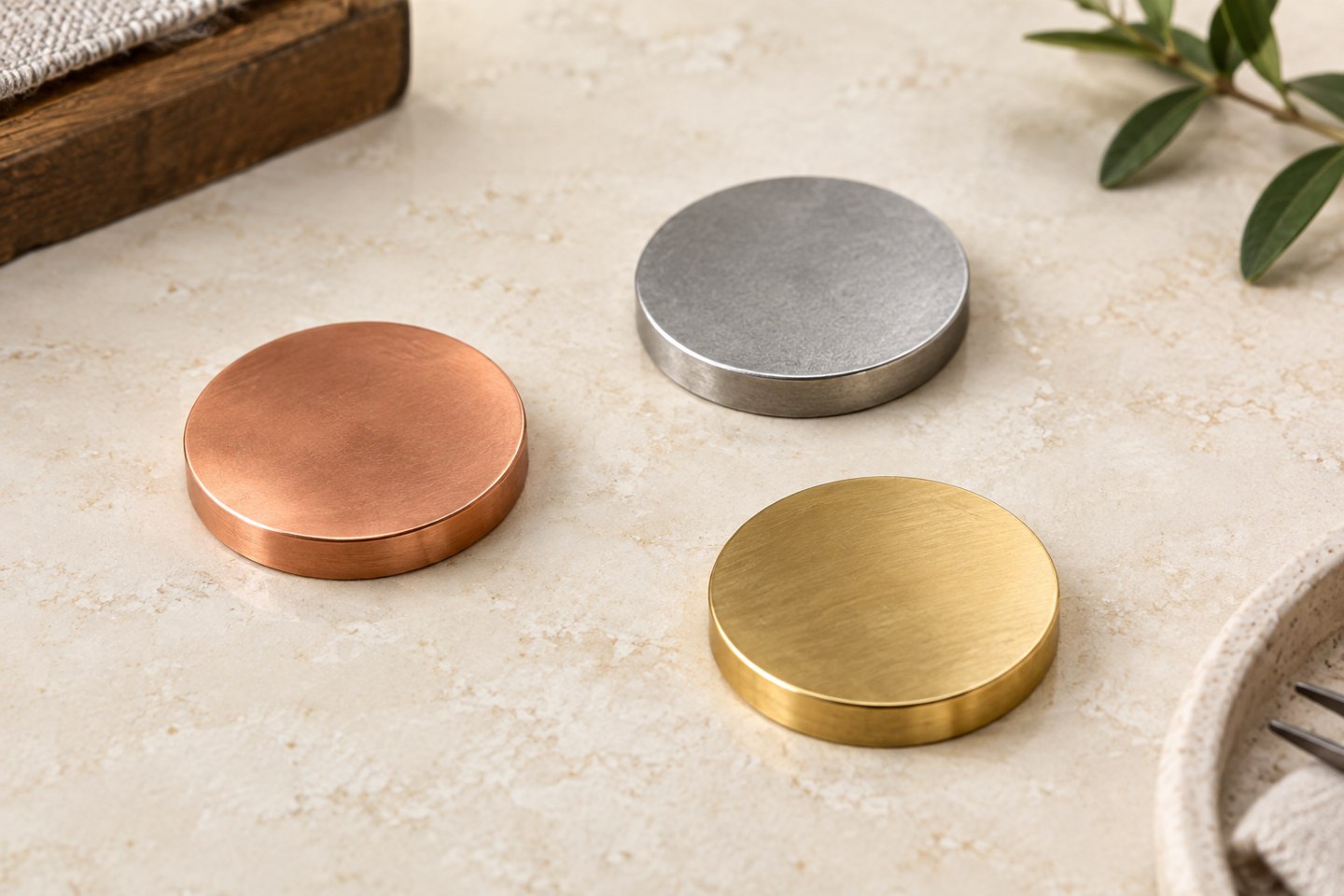 Copper-colored, gray and yellow metal sample discs on an ivory surface.