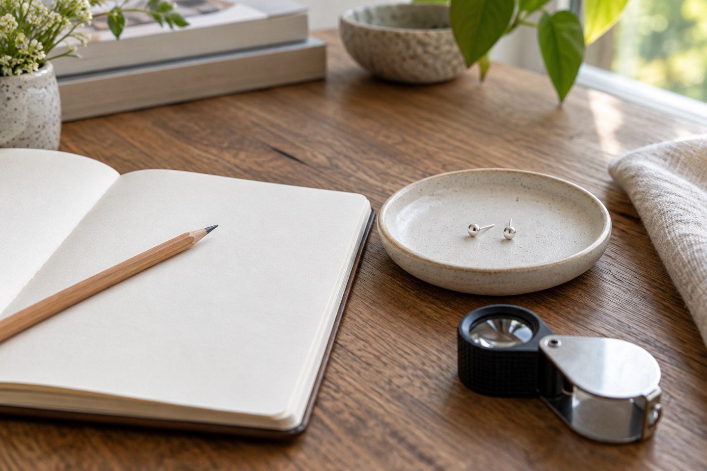 An open notebook, pencil, loupe and small stud earrings on a table.