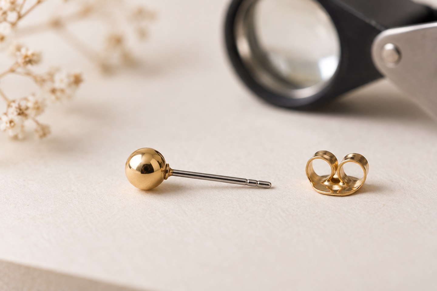 A gold-colored ball stud with a straight post and a separate butterfly backing.