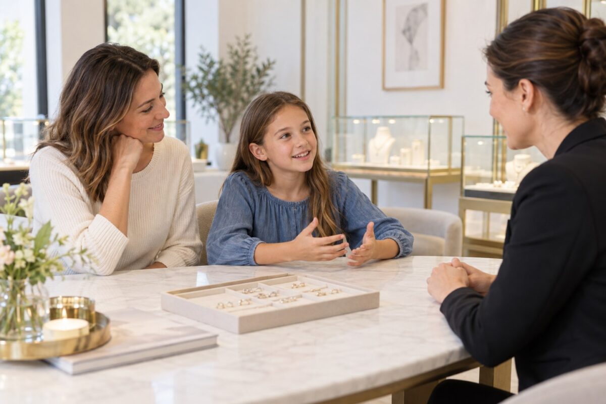 A child and two adults talking across a table in a bright studio.