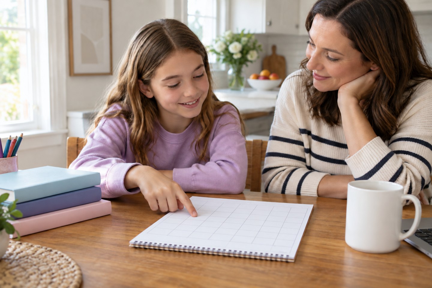 A parent and child looking at a paper calendar together at home.