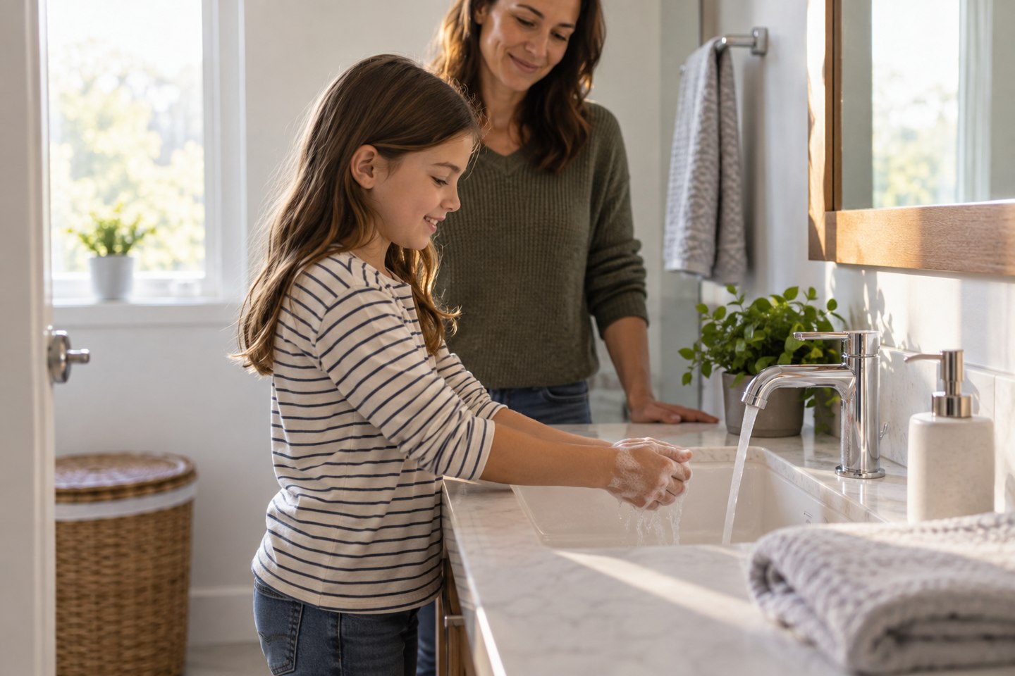 A child washing their hands at a sink while a parent watches nearby.