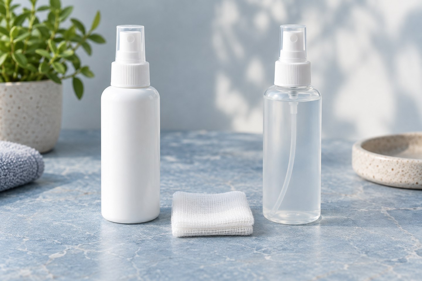 Two unbranded spray bottles and a folded gauze pad on a blue surface.
