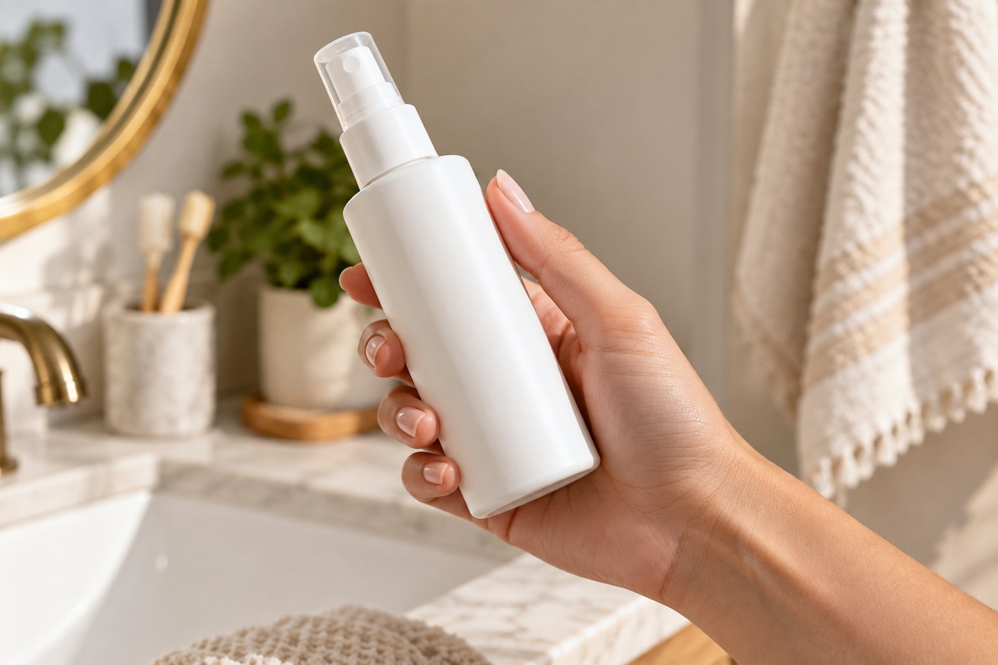An adult hand holding a plain white spray bottle near a bathroom sink.