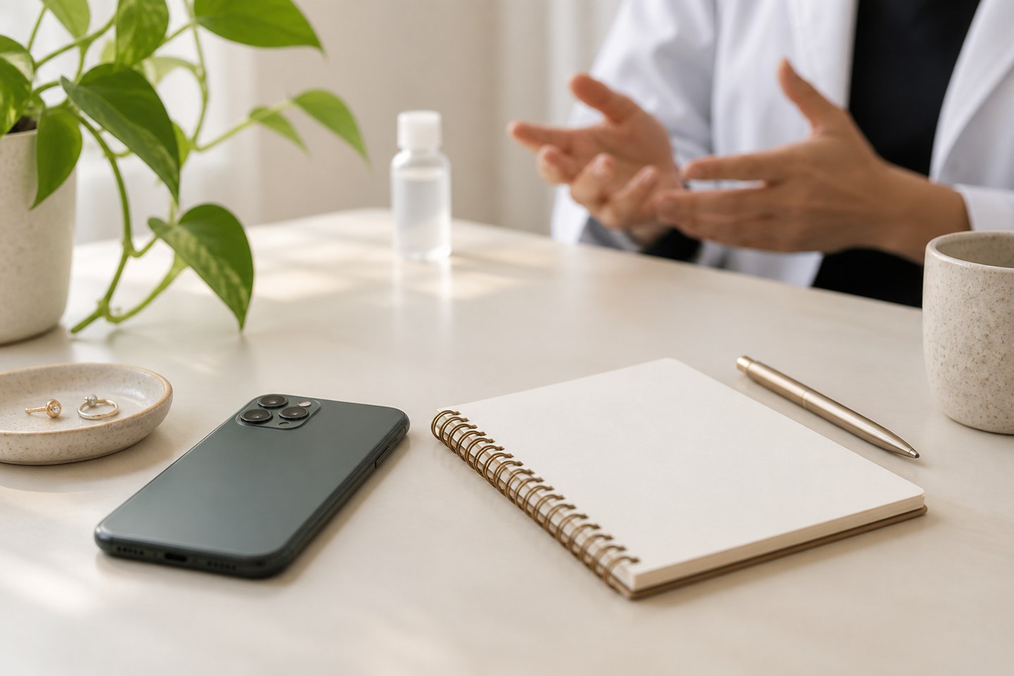 A phone and blank notebook on a consultation table with a care bottle in the background.
