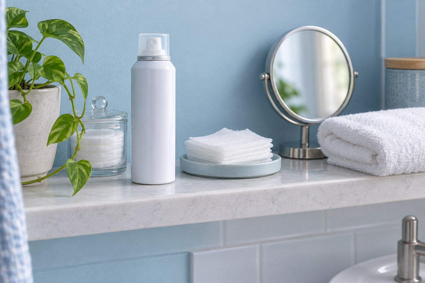 An unbranded care can, gauze, mirror and towel on a bathroom shelf.