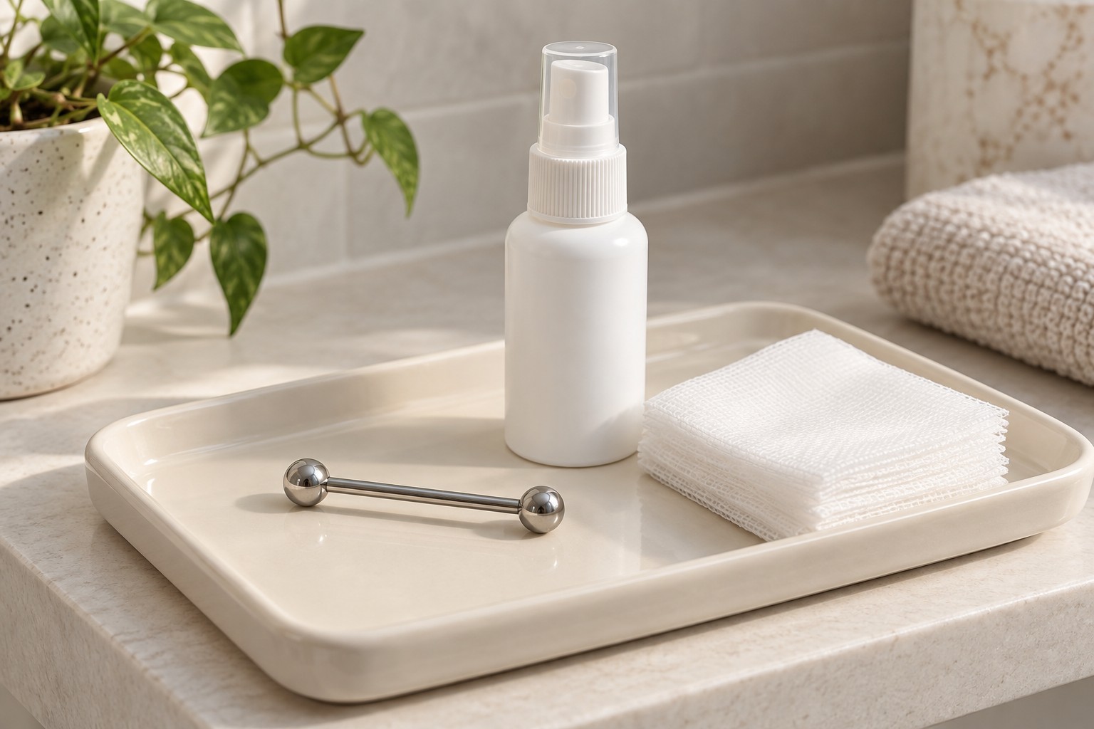 A straight barbell on a tray beside an unlabelled spray bottle and clean gauze.
