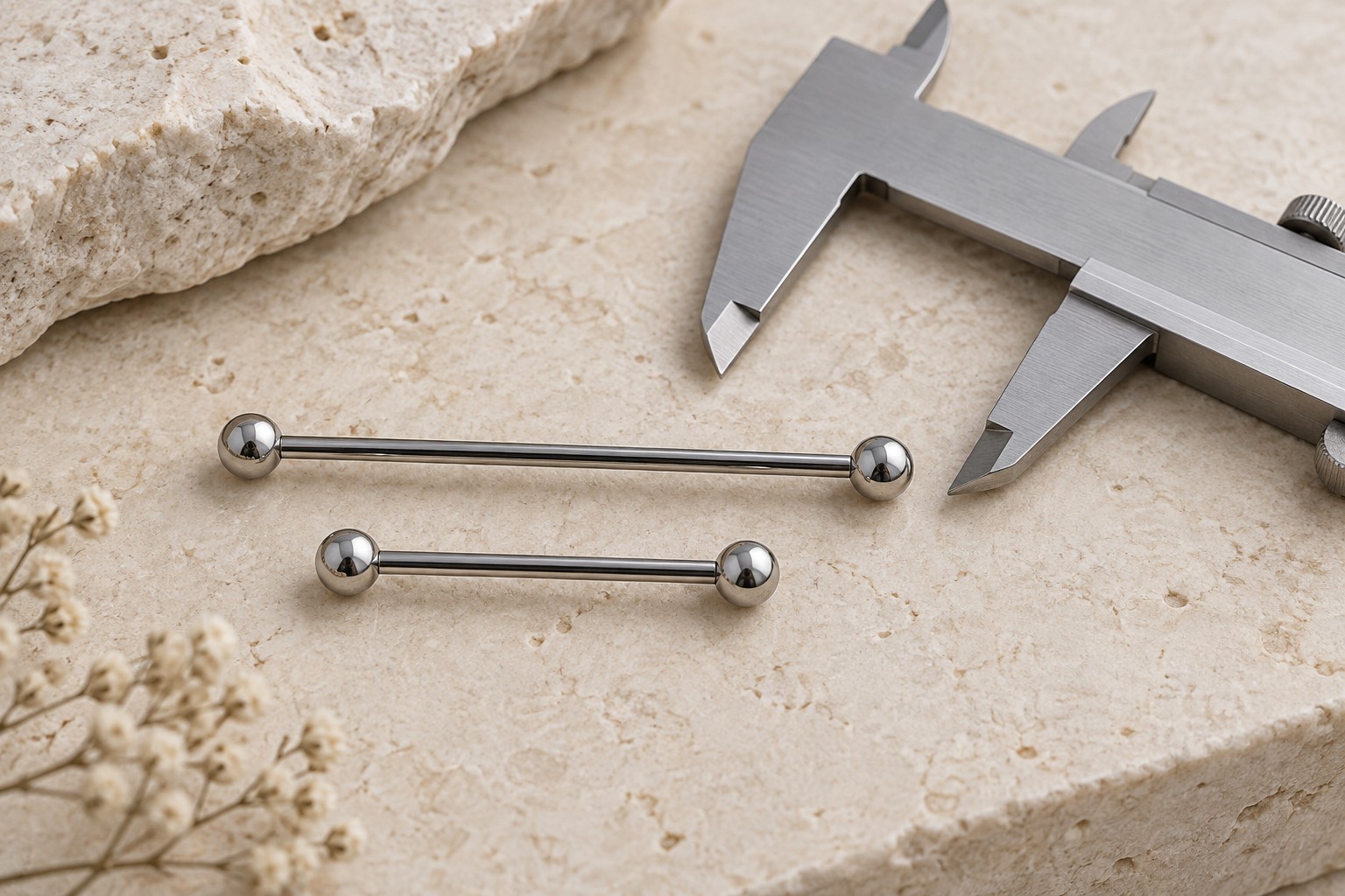 Two straight barbells of different lengths beside a plain caliper.