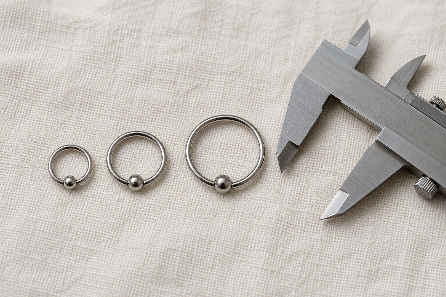 Three silver-colored bead rings of different diameters beside a caliper.