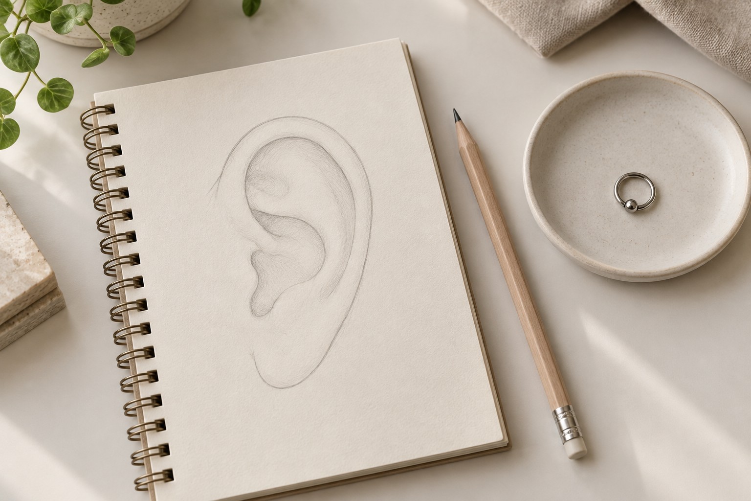 An unlabelled pencil sketch of an ear beside a small ring on a ceramic dish.