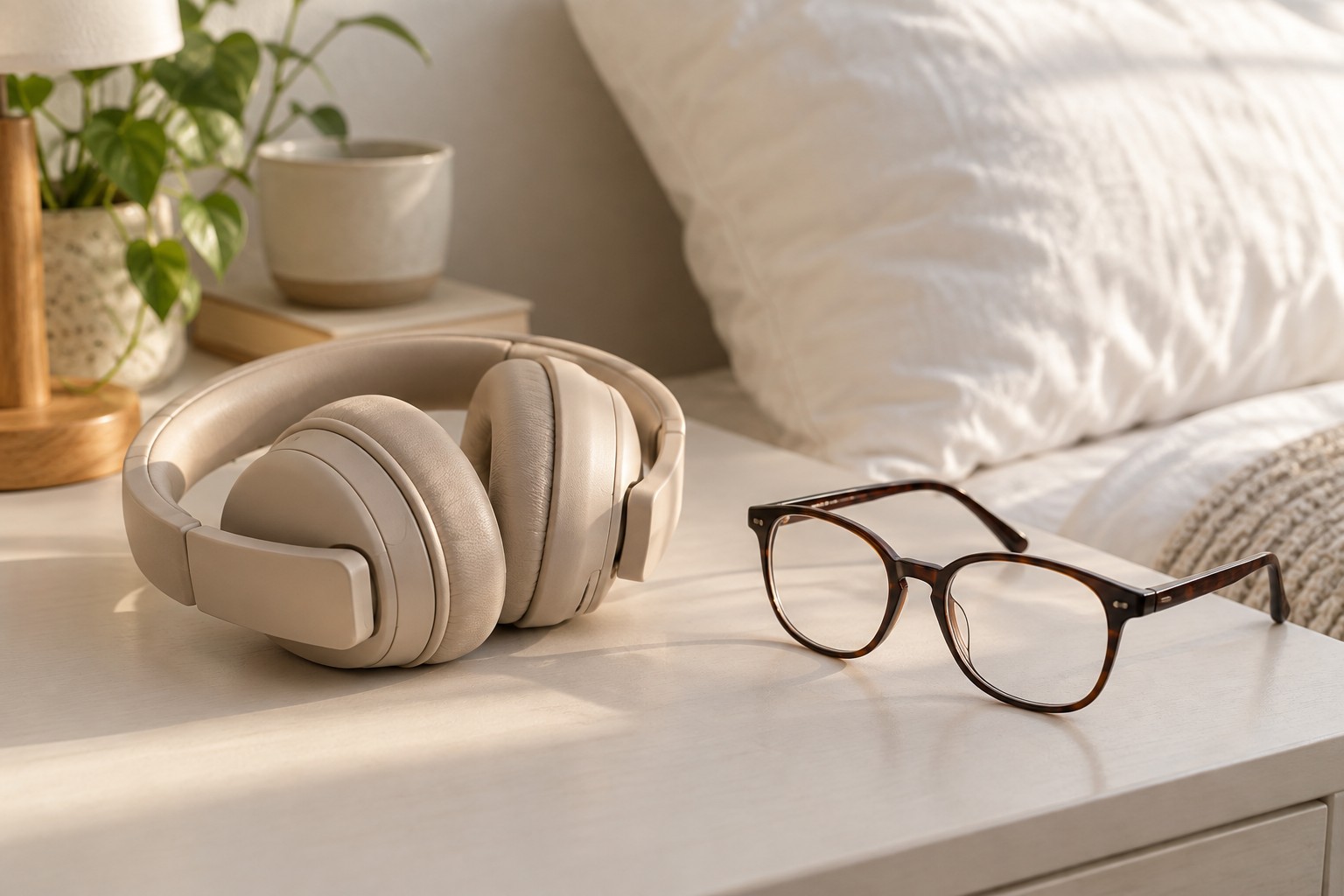 Beige over-ear headphones and brown glasses beside a white pillow.