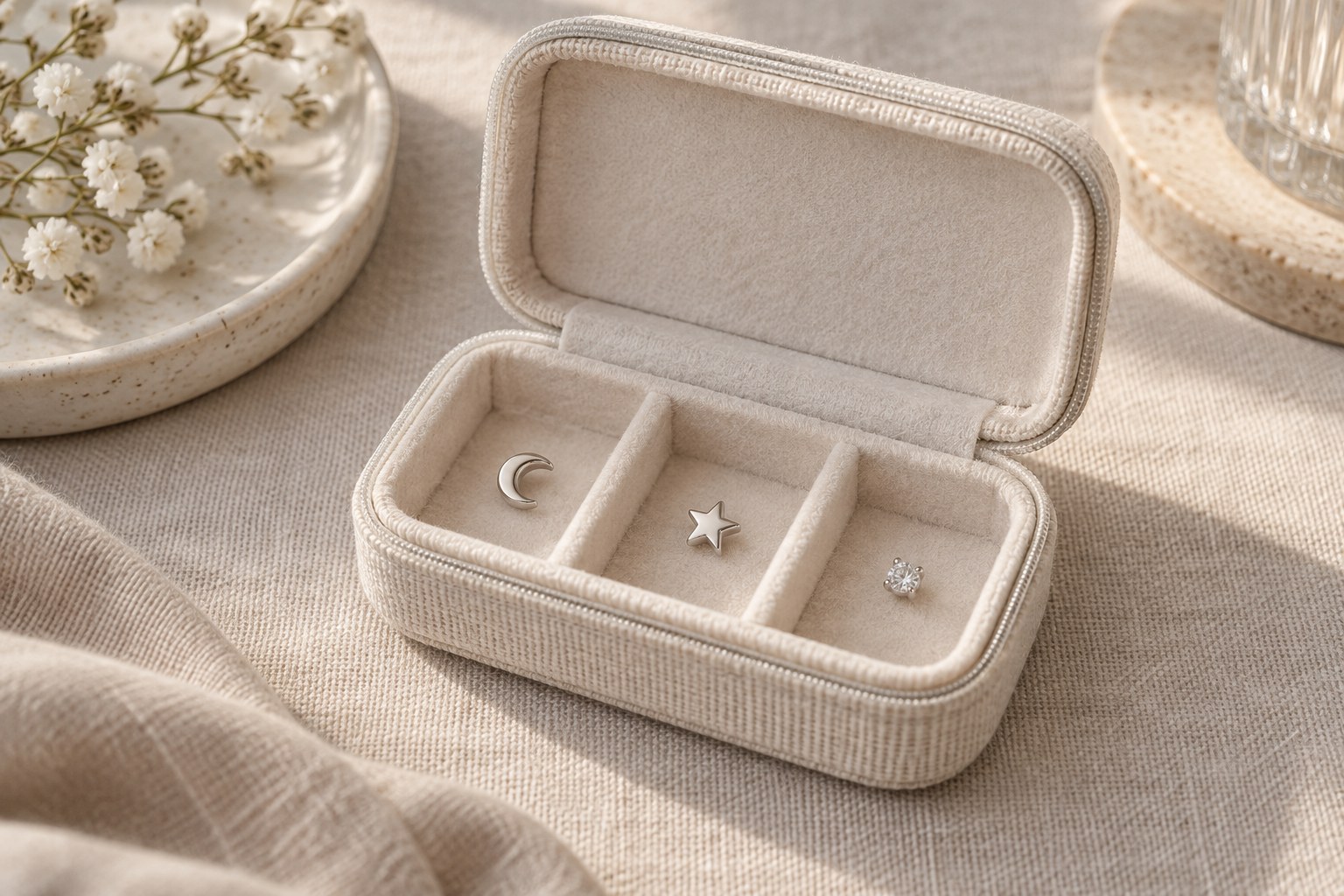 Moon, star and crystal studs in separate compartments of a cream jewelry case.