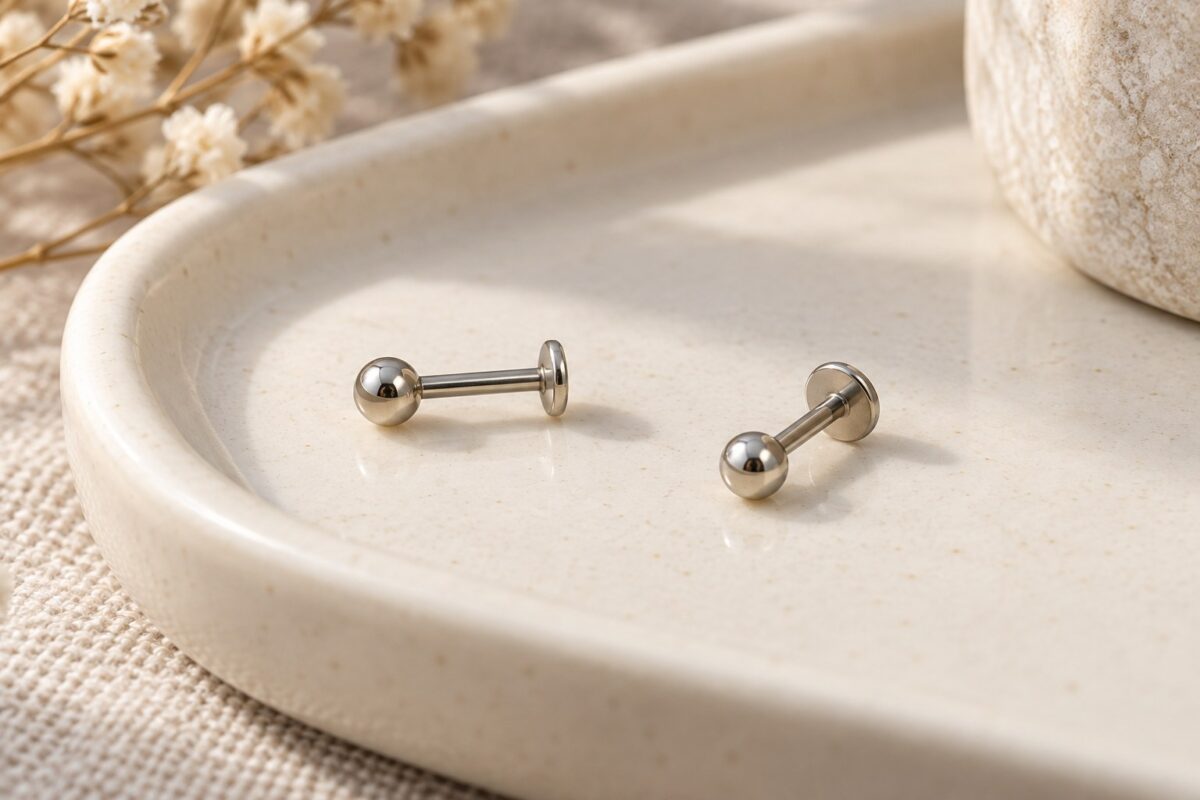 Two silver-tone ball-front flat-back studs resting separately on an ivory tray.