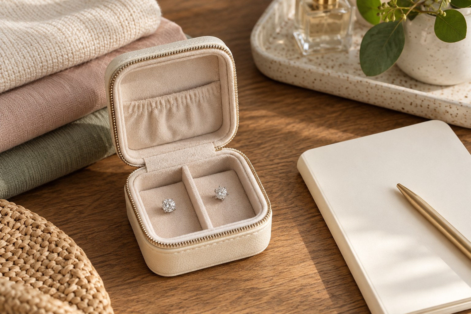 Two small crystal studs in separate compartments of a cream jewelry case beside a blank notebook.