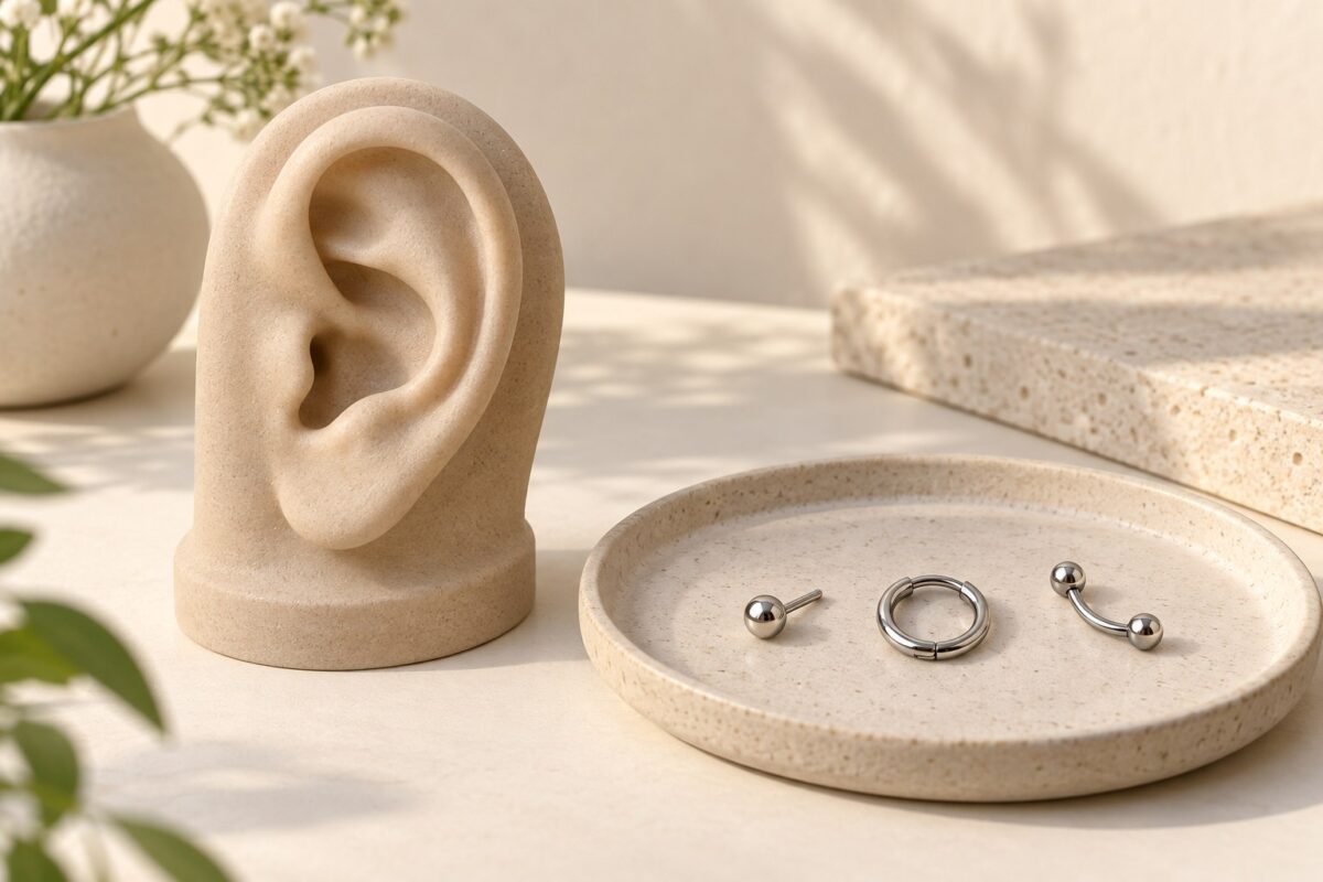 A bare ear display model beside a tray with a stud, hoop and curved barbell.