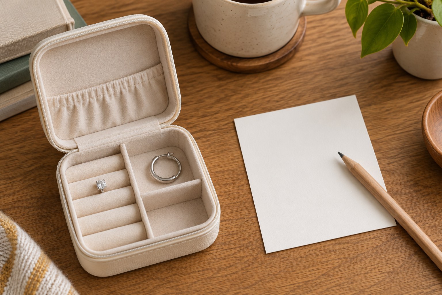 A crystal stud and hoop in a cream organizer beside a blank note card and pencil.