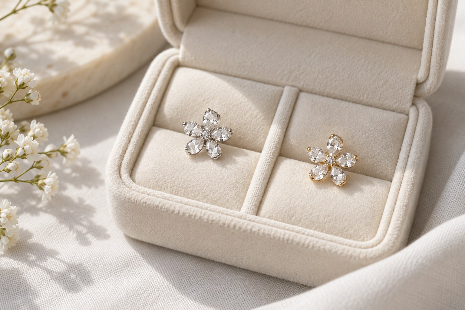 Silver-tone and gold-tone flower earrings in separate slots of a cream case.