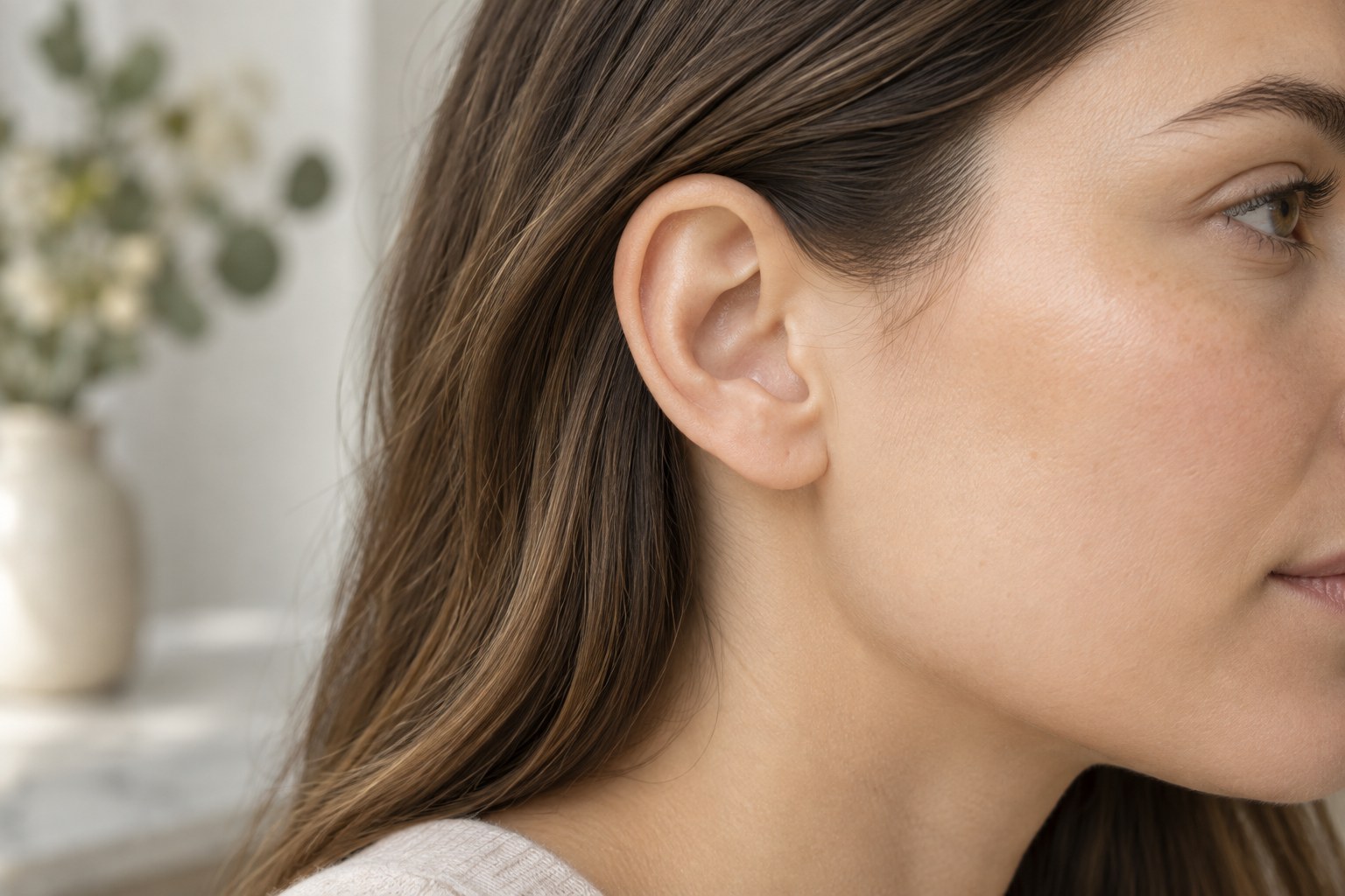 Close-up of an adult ear with natural skin texture and no visible injury.