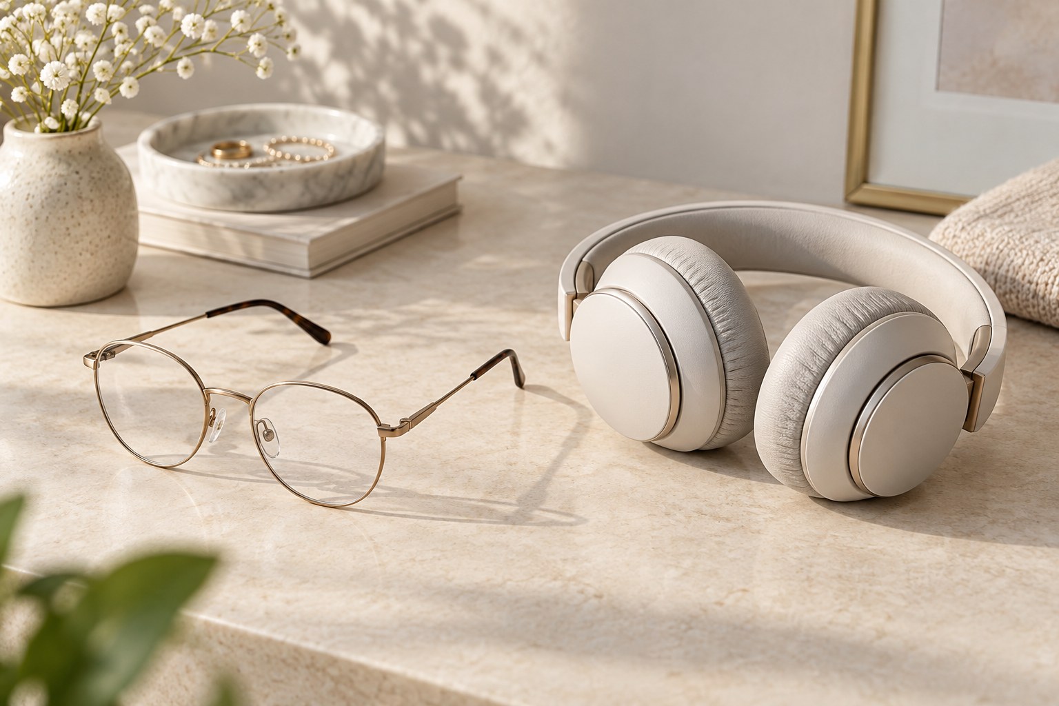 Eyeglasses and over-ear headphones resting on a light stone tabletop.