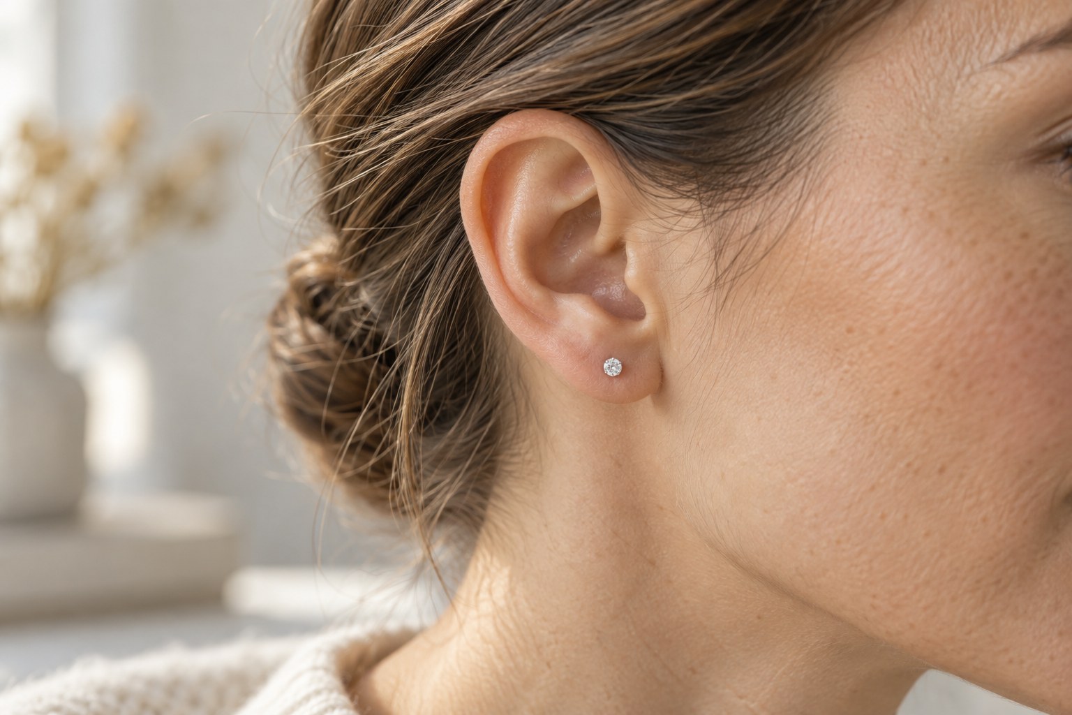A single clear-stone stud in an adult earlobe.