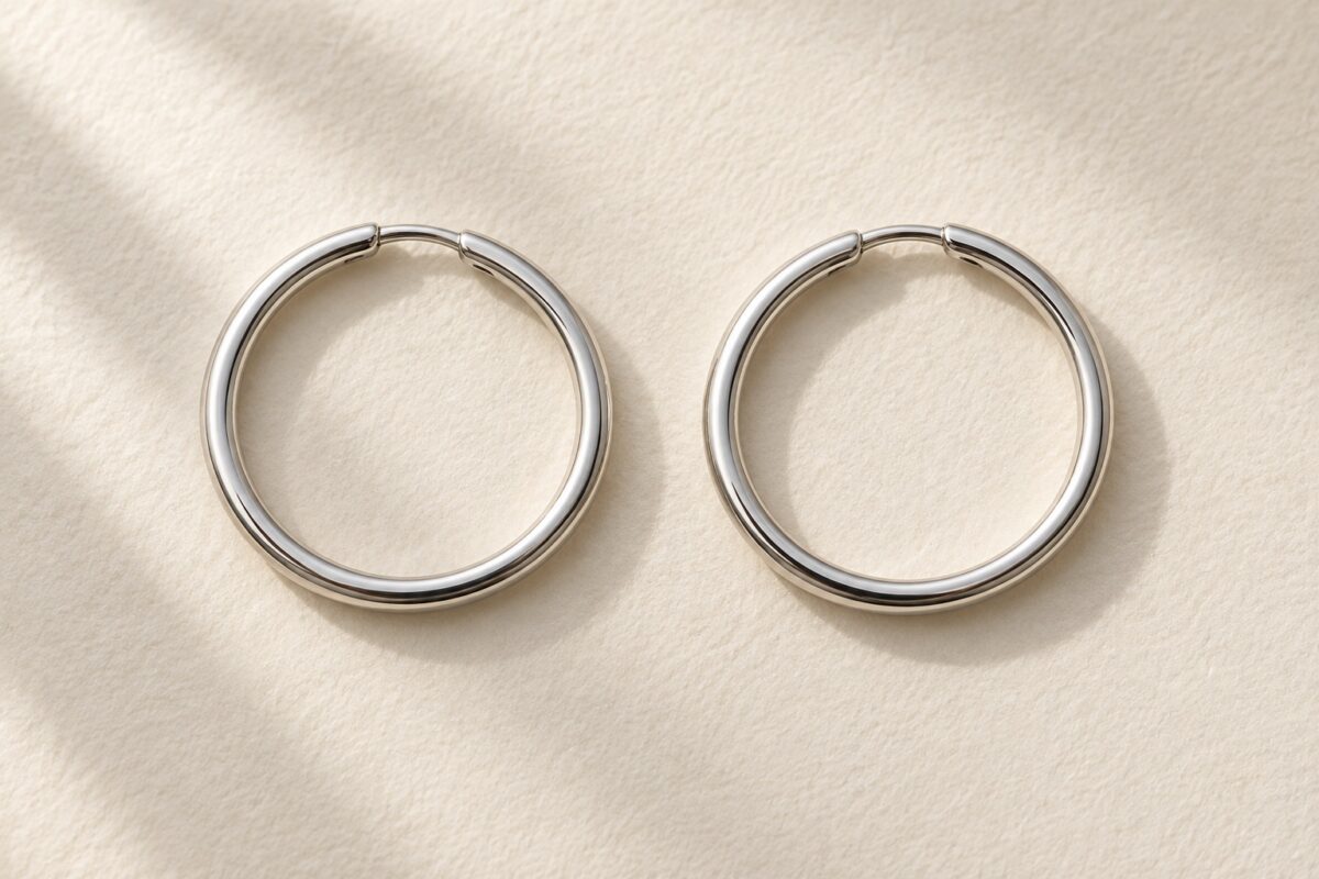 Two polished silver-tone circular hoop earrings on ivory paper.