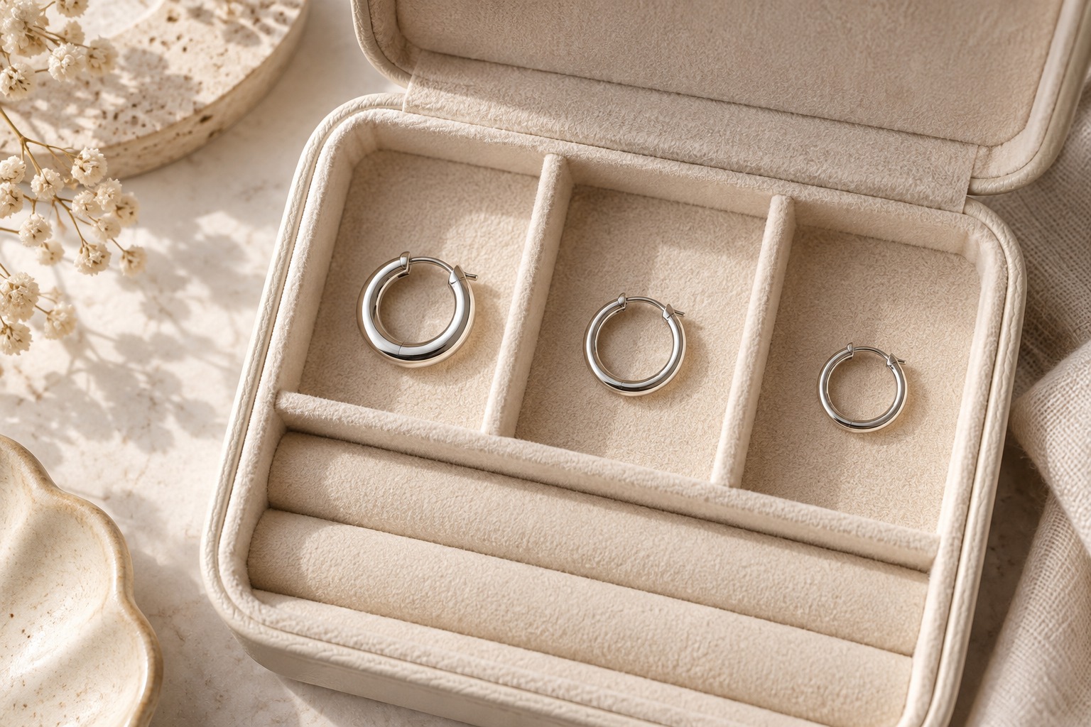 Three small silver-tone hoops stored in separate cream compartments.