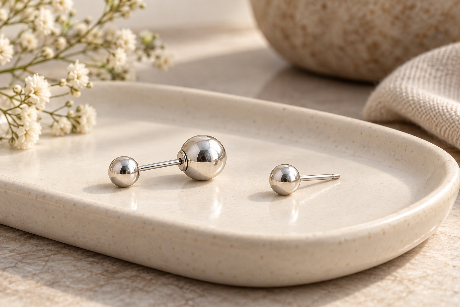 A silver-tone double-ball earring and a small ball stud on an ivory tray.