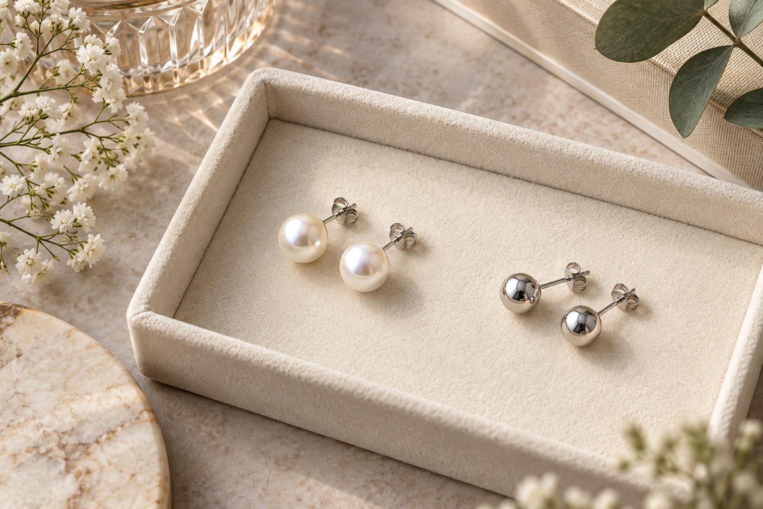 White pearl-like studs and polished metal ball studs in a cream tray.