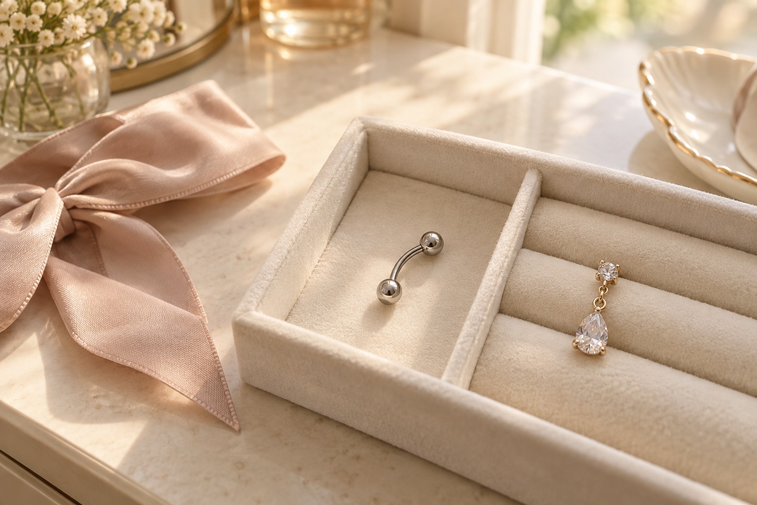 A curved barbell and a crystal-drop earring in separate tray compartments beside a ribbon.