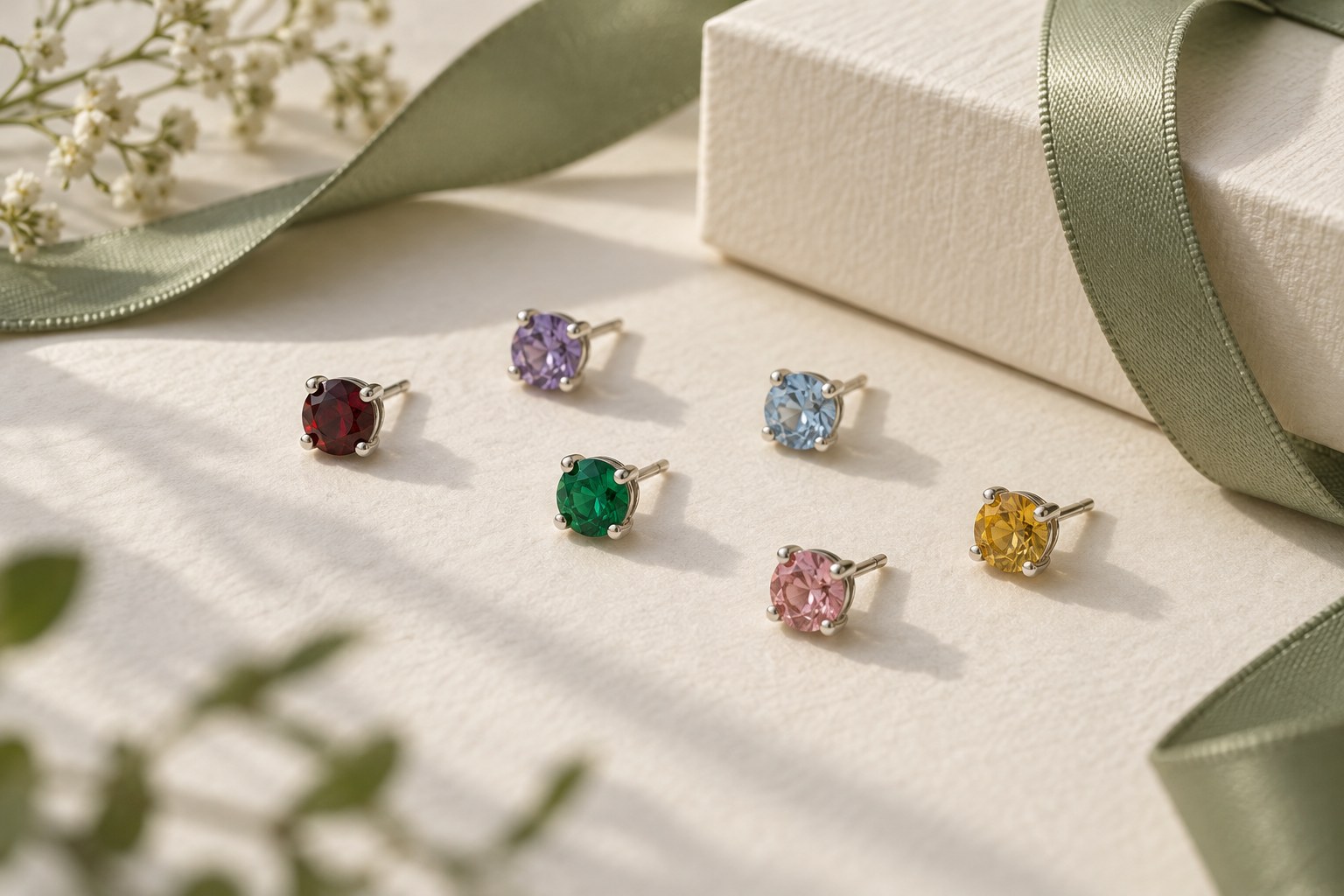 Six colored-stone studs beside a cream gift box and sage ribbon.
