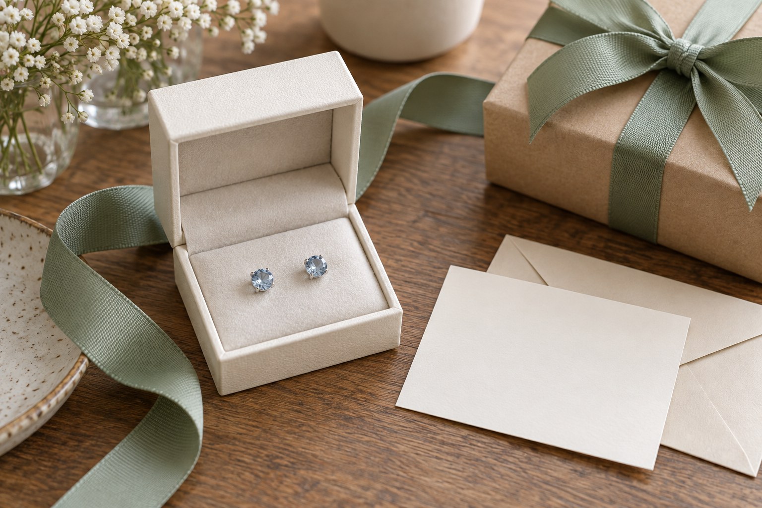 A pair of pale-blue studs in an open cream gift box beside a blank gift card and ribbon.