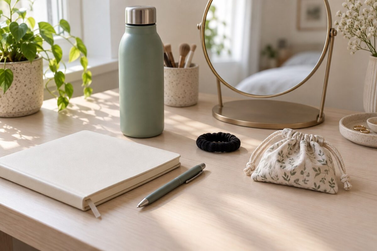 Notebook, water bottle, hair tie and fabric pouch beside a tabletop mirror.